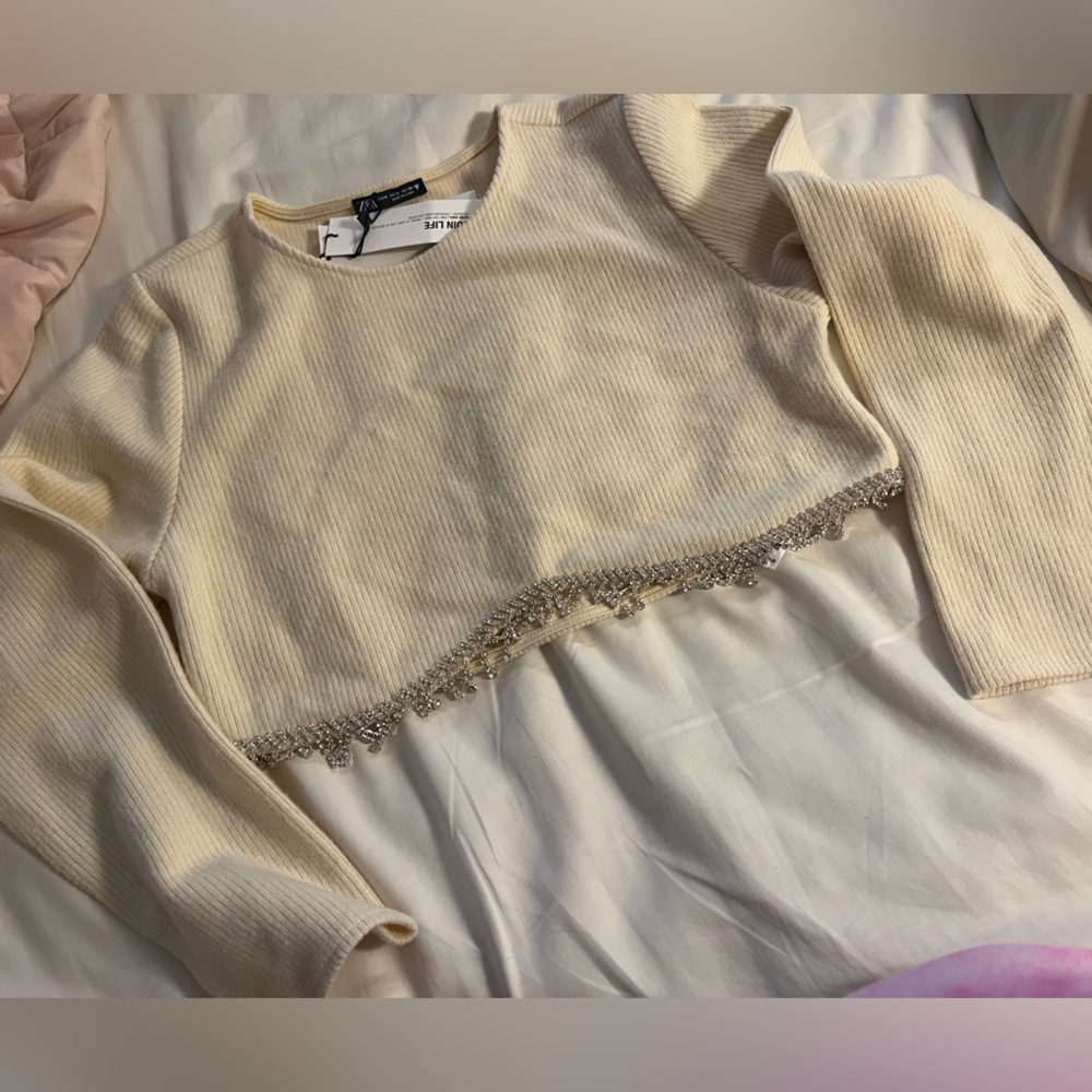 New Zara long sleeved crop top with hanging rhinestones